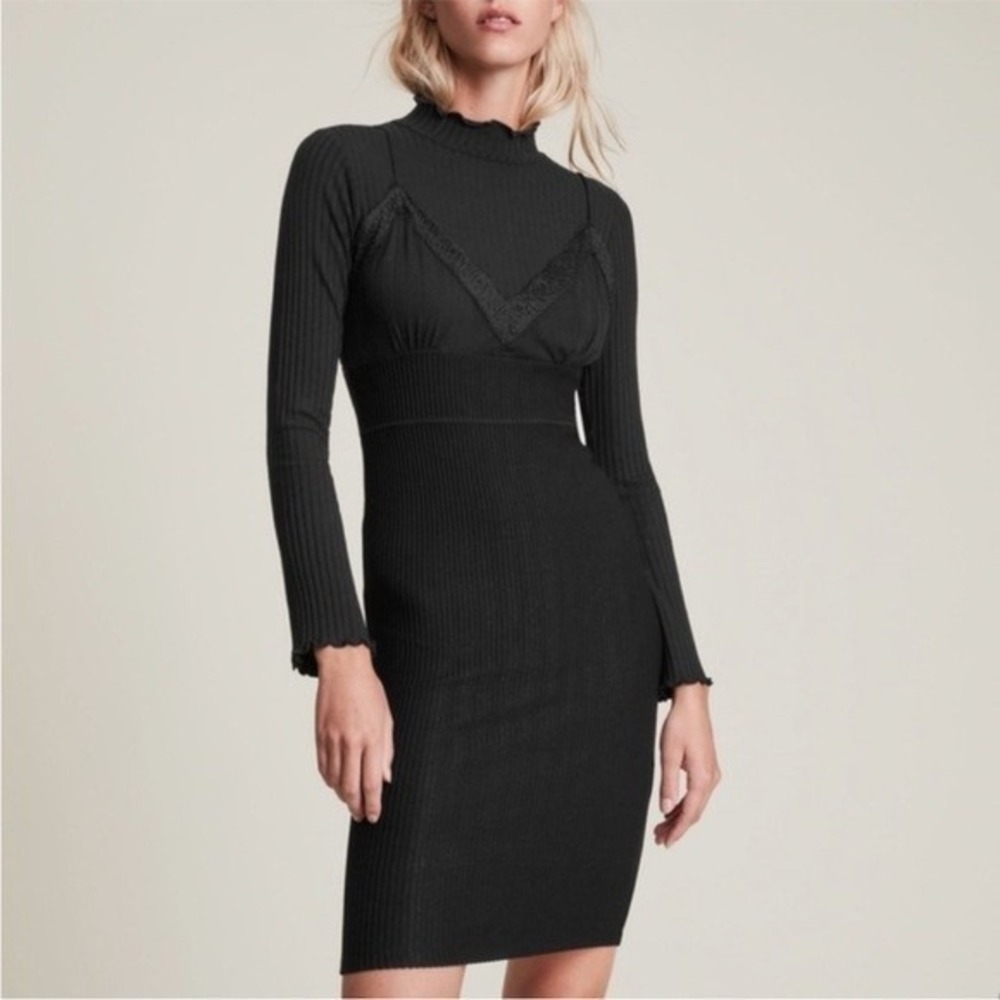 Allsaints Dress Womens 10 Black Sara Layered Ribbed Long Sleeve Mock Neck Grunge
